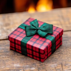 Wall Mural - A red and green plaid gift box with a green bow sits on a rustic wooden surface in front of a cozy fireplace.