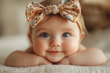 Wall Mural - Content baby lying peacefully with hands under chin in a cozy setting, adorned with a large bow headband radiating cuteness and tranquility