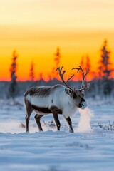 Wall Mural - A reindeer stands in a snowy field at sunset, its breath forming a cloud in the cold air.