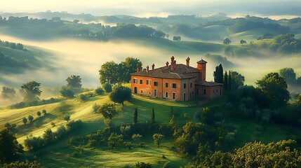 Serene tuscan village illuminated softly by morning sunrise golden rays picture