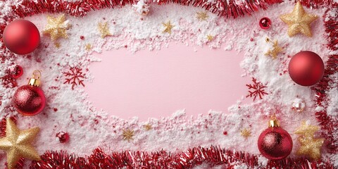 Poster - Decorative Christmas Arrangement Featuring Red Ornaments, Golden Stars, and Artificial Snow on a Pink Background, Ideal for Holiday Celebrations