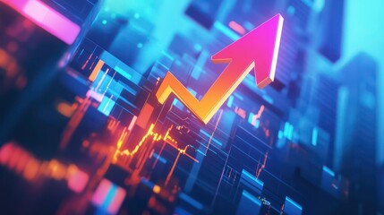 Wall Mural - a bright pink and orange arrow pointing upwards, on a blue background with glowing neon lines and da