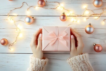 Poster - Delicate Hands Presenting a Pink Gift Box with Christmas Ornaments and Fairy Lights : Generative AI