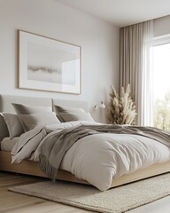 Aufkleber - Scandinavian Style Minimalist Bedroom with Cozy Bedding and Natural Decor : Generative AI