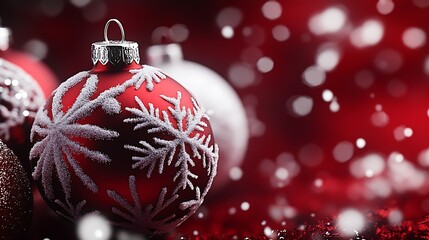 Aufkleber - Closeup of Red Christmas Ornament with White Snowflake Design on Festive Background : Generative AI