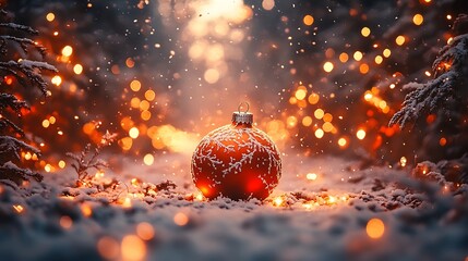 Aufkleber - Enchanting Winter Scene with Snow Covered Forest and Illuminated Christmas Ornament : Generative AI