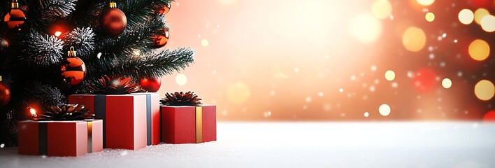 Poster - Christmas Celebration Scene with Tree and Red Gift Boxes on Snowy White Background : Generative AI