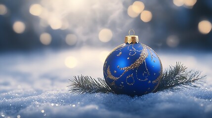 Aufkleber - Blue Christmas Ornament with Gold Swirls on Snowy Branch Sparkles in Festive Glow : Generative AI