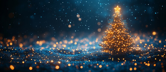 Wall Mural - spruce tree, christmas tree, bokeh lights blue background. merry christmas and happy holidays greeti