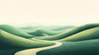 © Thiago - Single winding path through rolling green hills soft tones and balanced composition create a serene open landscape minimalistic yet impactful scene focused on natural beauty. Serene. Illustration