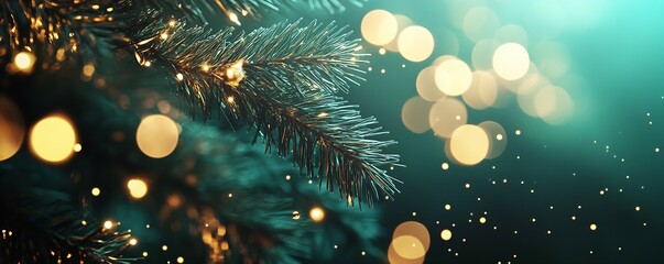 Poster - Festive Christmas Tree With Glittering Golden Bokeh Lights and Pine Needles : Generative AI