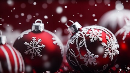 Aufkleber - Red and White Glittery Christmas Ball Ornaments with Snowflakes on a Festive Red Background : Generative AI