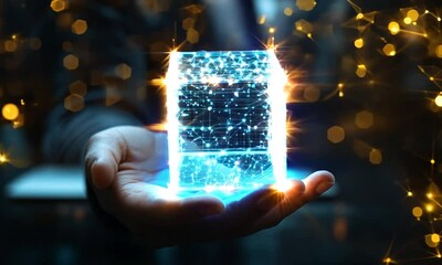 A glowing digital cube held in a hand, symbolizing technology.
