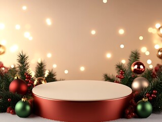 Aufkleber - Elegant Holiday Podium with Fir Branches and Sparkling Christmas Ornaments : Generative AI