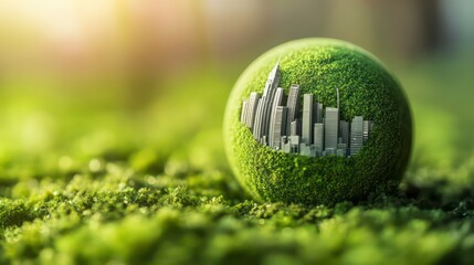 Wall Mural - a miniature cityscape is embedded within a green globe, signifying a sustainable future.