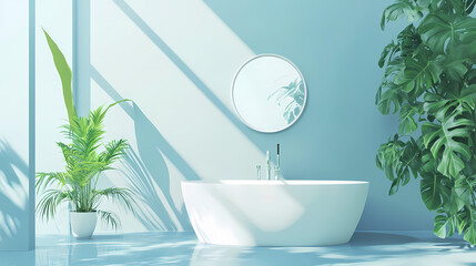 Wall Mural - Elegant bathroom featuring a freestanding bathtub, round mirror, and green plant decor against a blue wall, offering a modern and serene retreat. Serene. Illustration