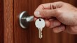 © artsGentor - Immediate Security Concept. A person inserts a key into a lock on a wooden door, highlighting the action of unlocking.