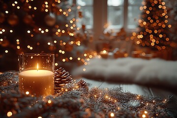 Aufkleber - Luminous Christmas Scene with Glowing Candle and Pinecone Decorations : Generative AI