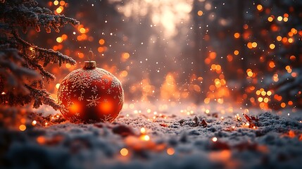Aufkleber - Festive Christmas Ornament on Snow with Glowing Orange Lights in a Forest Scene : Generative AI