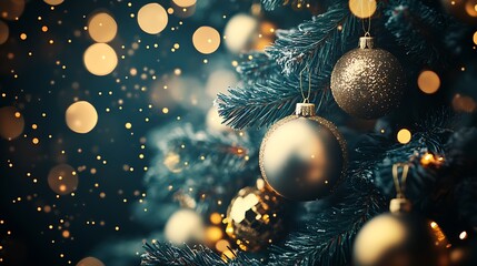 Aufkleber - Shimmering Gold Baubles on a Vibrant Christmas Tree with Soft Bokeh Lights : Generative AI