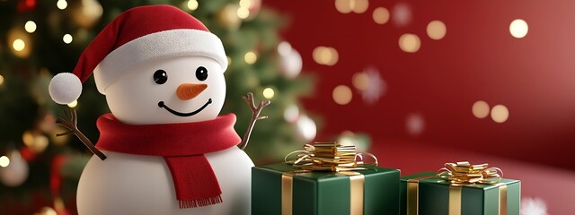 Poster - Happy Snowman Surrounded by Christmas Presents and Twinkling Tree Lights : Generative AI