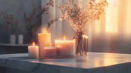 Wall Mural - A serene interior scene featuring various lit candles and a vase of dried flowers on a marble table, creating a warm, cozy atmosphere. Serene. Illustration