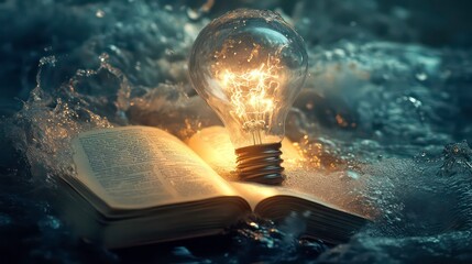 Wall Mural - a glowing light bulb sits on top of an open book, surrounded by water-like ripples.