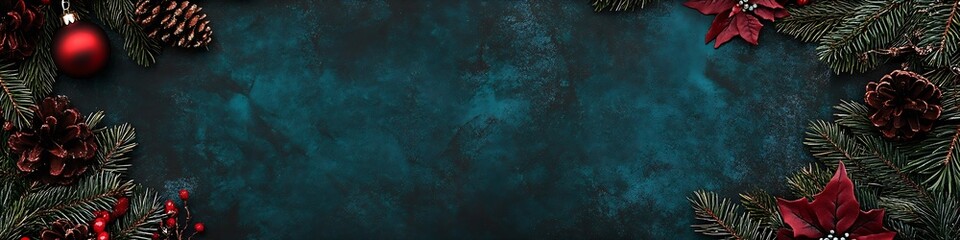 Aufkleber - Festive Christmas Background with Pine Cones and Red Berries Border on Dark Textured Surface : Generative AI