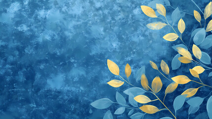 Wall Mural - Abstract botanical design with flowing leaves in shades of blue and yellow against a textured blue background, evoking a serene and harmonious natural theme. Serene. Illustration