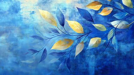 Wall Mural - Abstract botanical design with flowing leaves in shades of blue and yellow against a textured blue background, evoking a serene and harmonious natural theme. Serene. Illustration