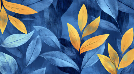 Wall Mural - Abstract botanical design with flowing leaves in shades of blue and yellow against a textured blue background, evoking a serene and harmonious natural theme. Serene. Illustration