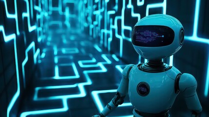 Wall Mural - a white robot with a blue digital display stands in a futuristic corridor lined with glowing blue ne