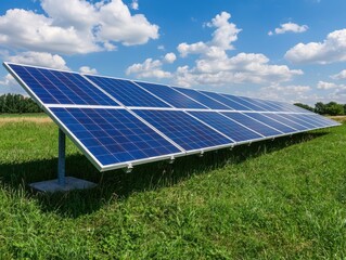 solar panel array in a sunny green field.