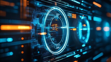 Poster - High-Tech Virtual Interface with Digital Circles and Blue-Orange Elements for Modern Tech Concepts : Generative AI