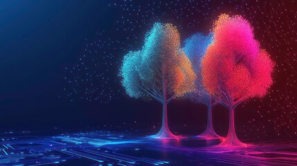 Wall Mural - three glowing trees in a digital landscape.