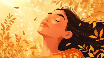 Wall Mural - A content woman enjoys a peaceful moment in the sunshine, feeling the warmth on her face. Serene. Illustration