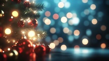 Aufkleber - Festive Christmas Tree with Red Ornaments and Golden Bokeh Lights : Generative AI