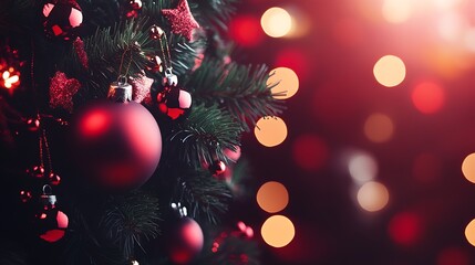 Aufkleber - Elegant Holiday Christmas Tree with Red Ornaments and Soft Bokeh Lights Effect : Generative AI