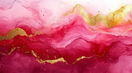 Wall Mural - abstract art featuring flowing pink and red hues with gold accents.