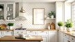 © CreativeEarth - Mock up poster frame close-up in kitchen interior, American style, 3d render, white Mock up frame