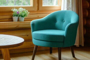 Wall Mural - Cozy cabin interior featuring teal armchair, wooden table, and bright natural light in a rustic setting