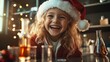 © Dulemegapixel - A smiling child wearing a Santa hat is surrounded by a festive setup with scientific instruments, blending holiday cheer with the curiosity of science exploration.
