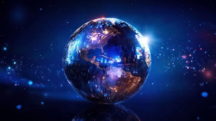 Wall Mural - a 3d rendering of a mirrored earth globe against a dark blue starry background, reflecting the light