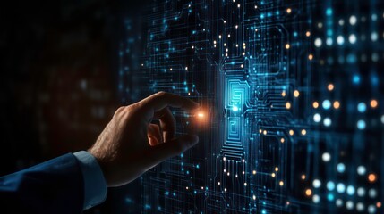 Wall Mural - a hand reaches out to touch a glowing digital interface, representing the power of technology and in