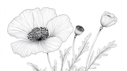 Wall Mural - Line art illustration of a black and white poppy flower design