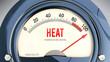 © GoodIdeas - Heat and Temperature Meter that is hitting a full scale, showing a very high level of heat, overload of it, too much of it. Maximum value, off the charts.  ,3d illustration