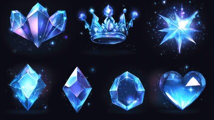 Wall Mural - a set of eight blue glowing crystals and gemstones in various shapes, including a heart, crown, star