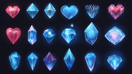 Wall Mural - crystal game crown, heart and star icon set. isolated magic gem ui cartoon asset design. blue lightn