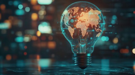Wall Mural - creative lightbulb filled with glowing world map and digital icons