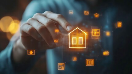 Wall Mural - concept of real estate investment. man touching virtual house icon for analyzing mortgage loan, home